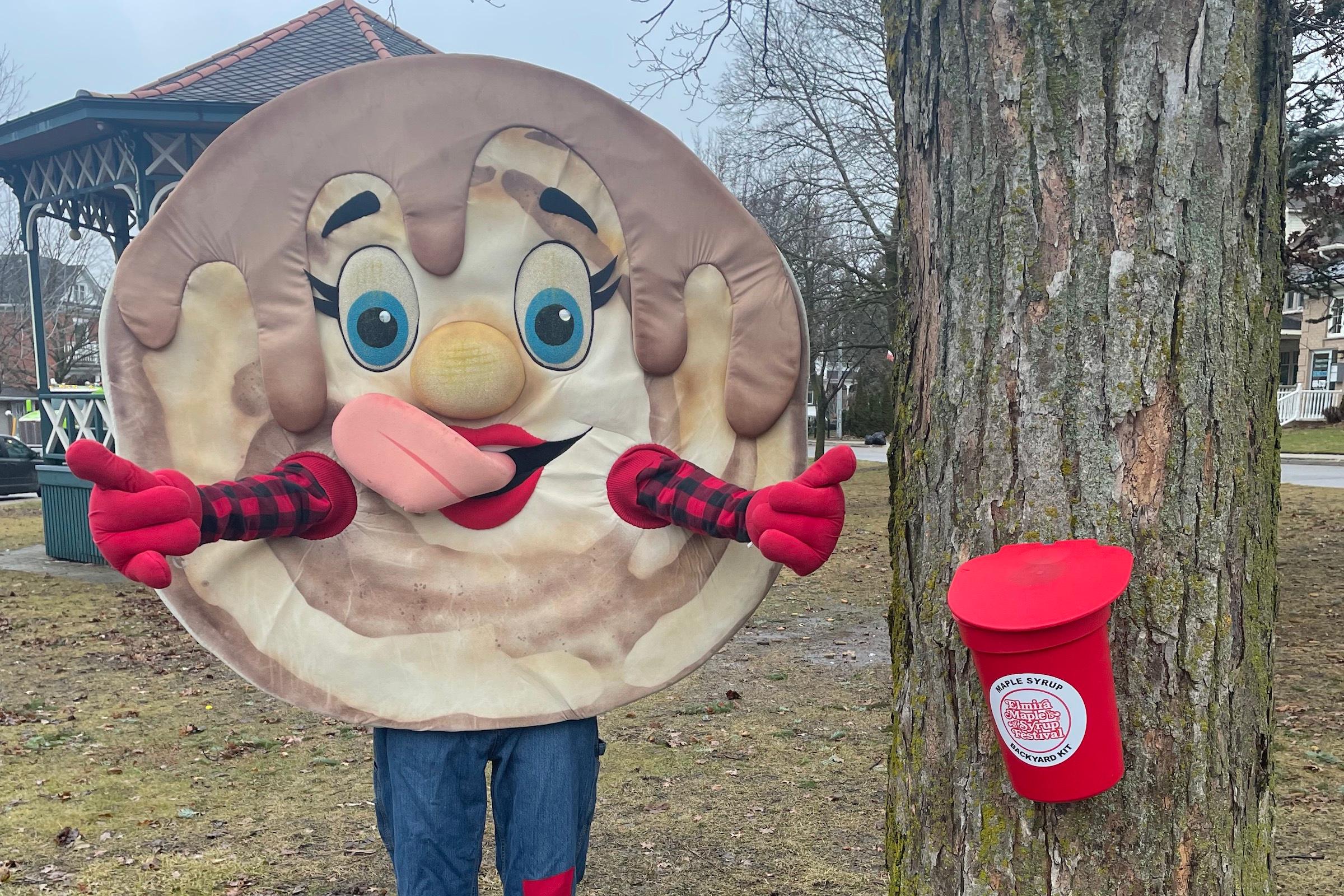 Large pancake character In Gore Park Elmira Maple Syrup Festival